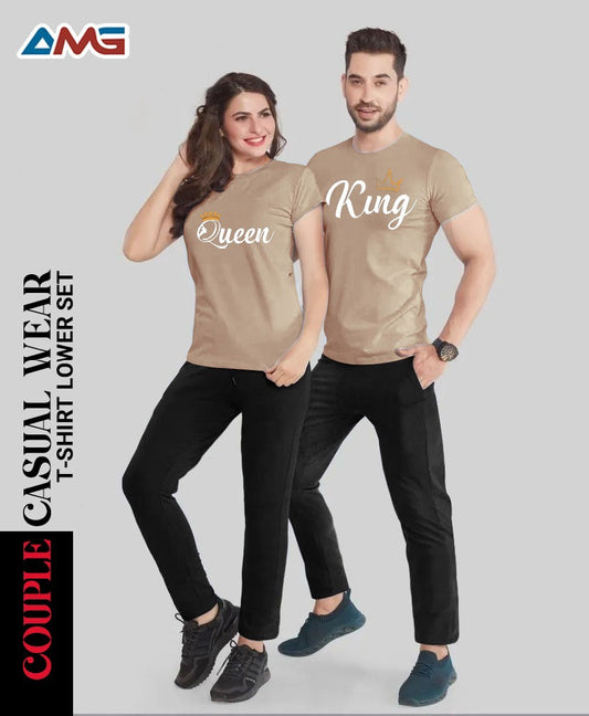 King Queen Printed Couple Casual Wear Night Suit