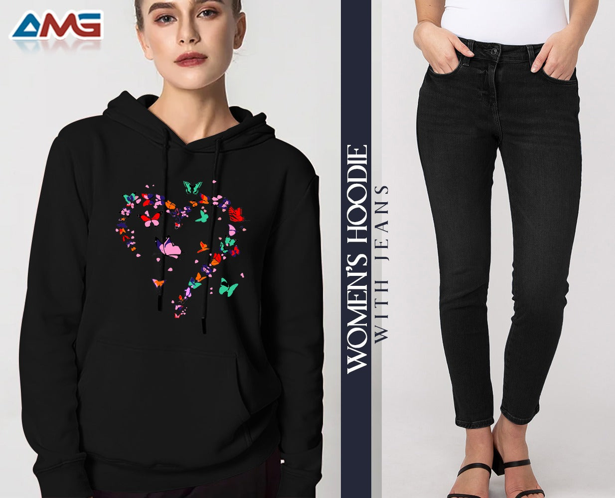 Butterfly Heart Printed Hoodie With Black Jeans